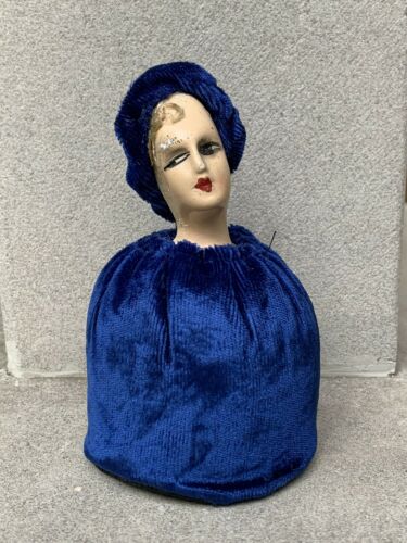 Vintage Paper Mache Flapper Half Doll Blue Velvet Pincushion