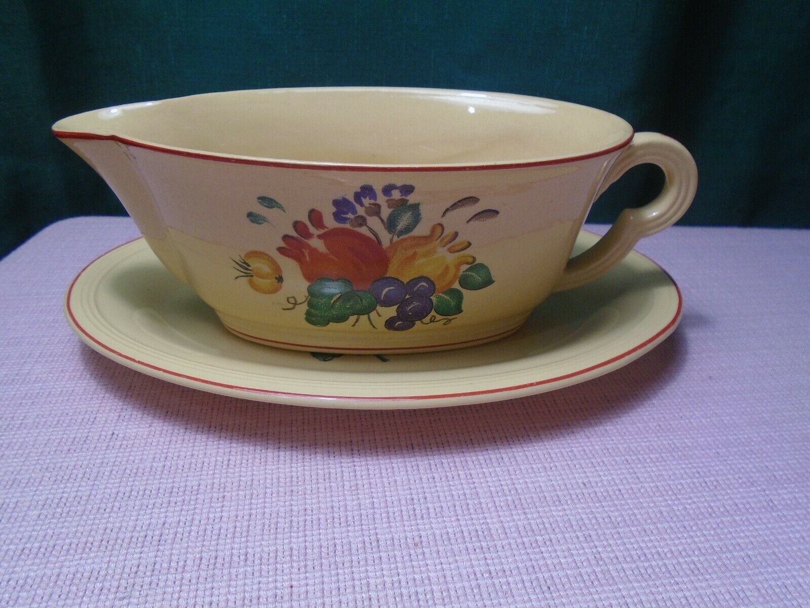 Edwin Knowles China Gravy Boat Fruit Center Yellow And Red Trim Vintage