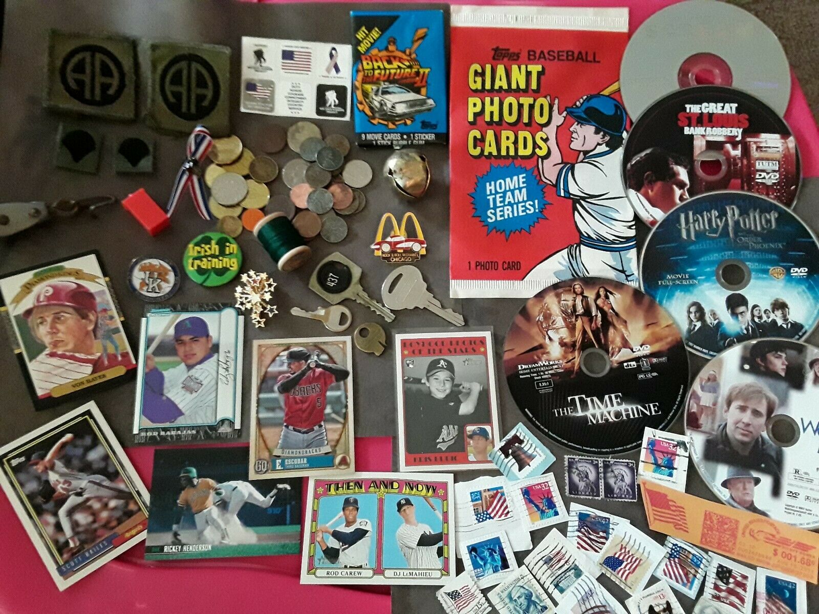 Junk Drawer Lot # 14, Military Patches, Coins, Tokens, Keys, Mlb Cards, Stamps