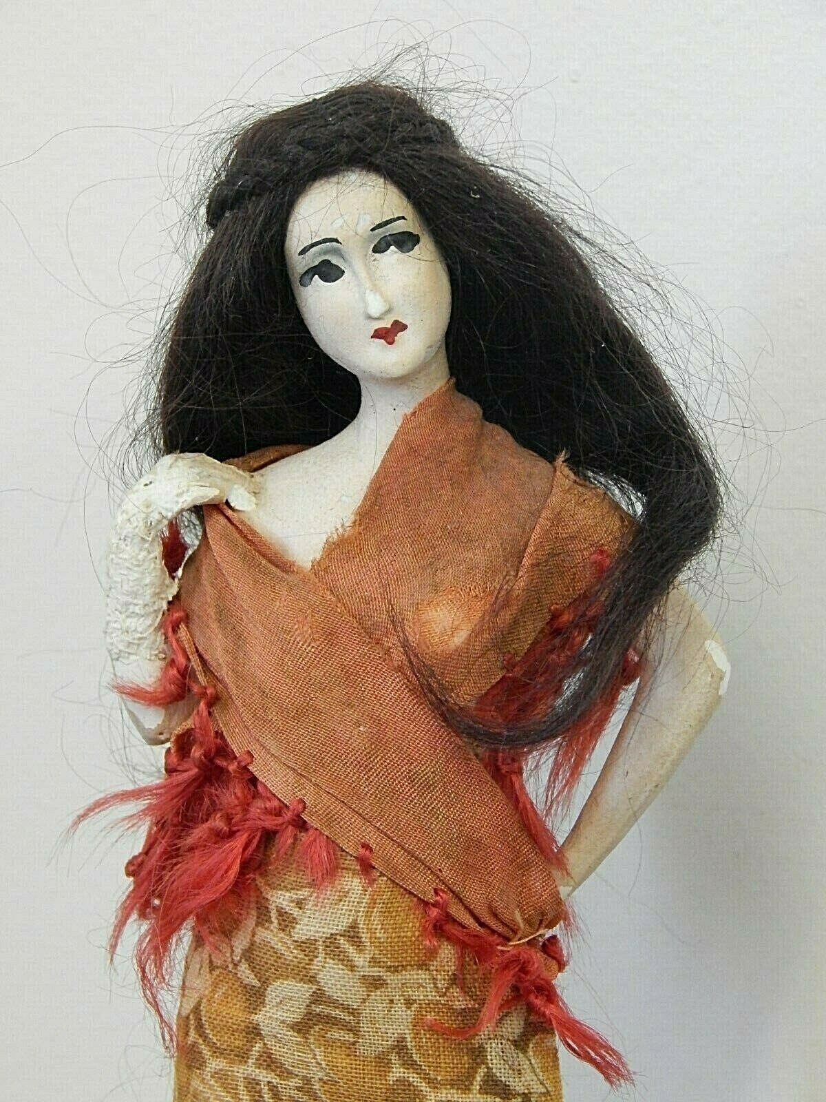Antique/art Deco 9" Chalkware/painted Plaster Lady Doll W/mohair Wig