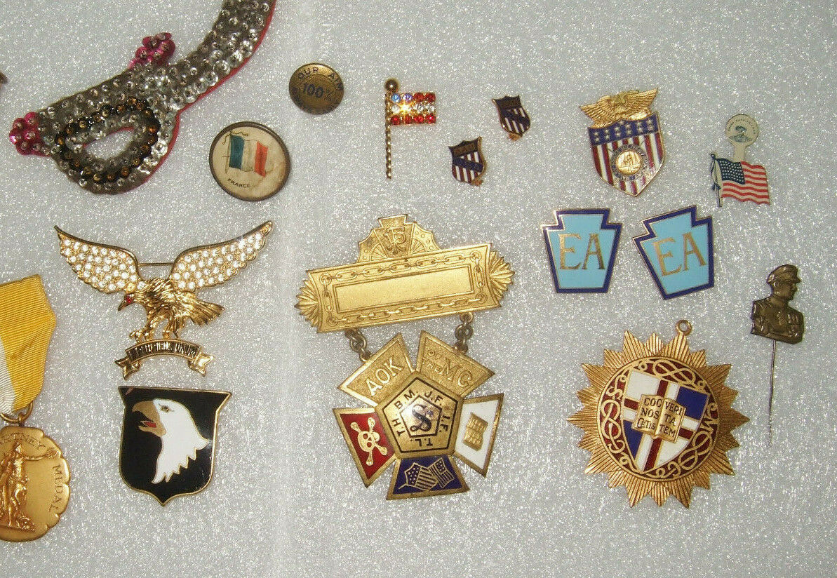 Vtg Old Gold F Military Maccartney Medal Pins Flag Badges Masonic Mixed Lot