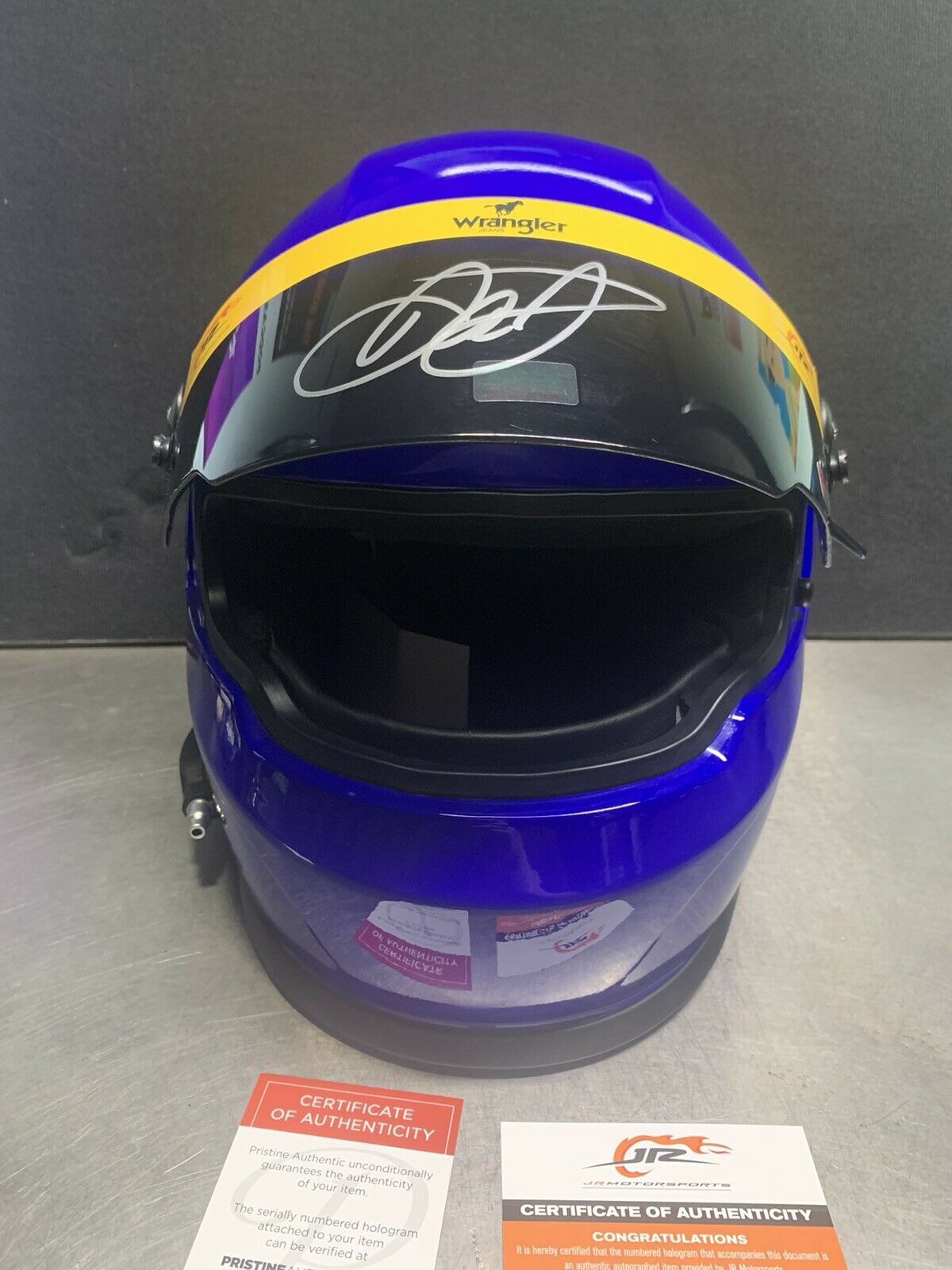 Dale Earnhardt Jr. Signed Full Size Blue Nascar Wrangler Replica Helmet Bas